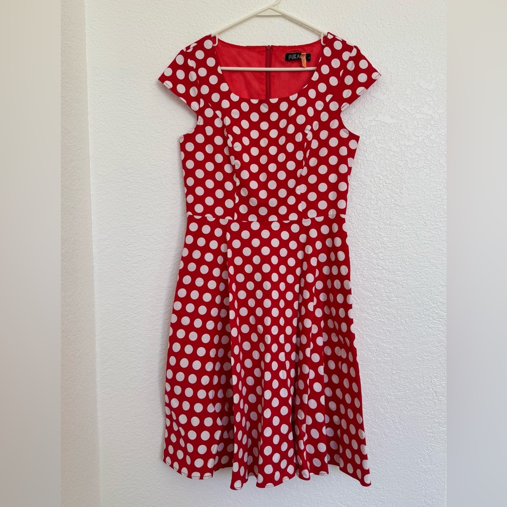 Red Polka Dot PUKAVT Dress Rockabilly 50s Housewife Pockets Pinup Retro Size L